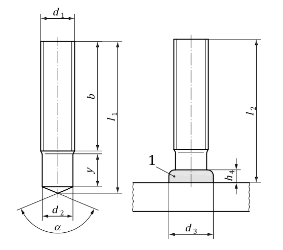 Dimensions of partially threaded stud (PD)