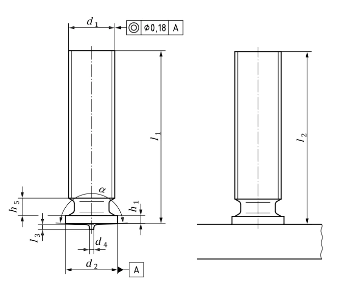 Dimensions of unthreaded stud (UD)