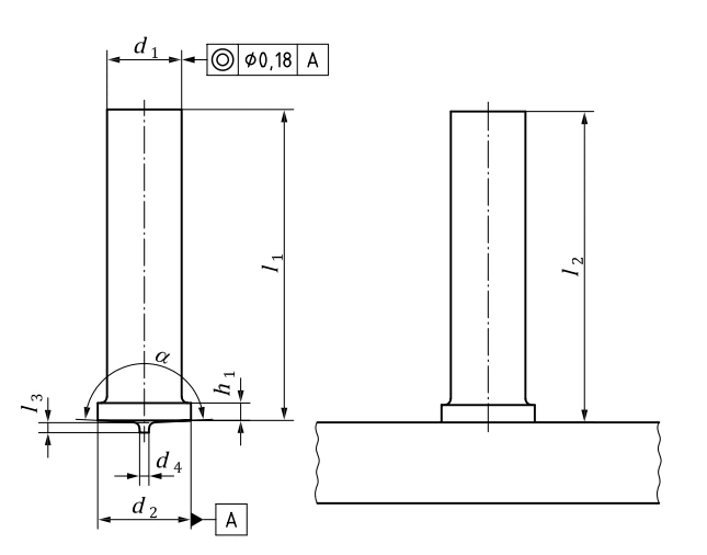Dimensions of unthreaded stud (UT)