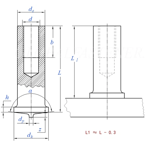 Dimensions of unthreaded stud (IT)